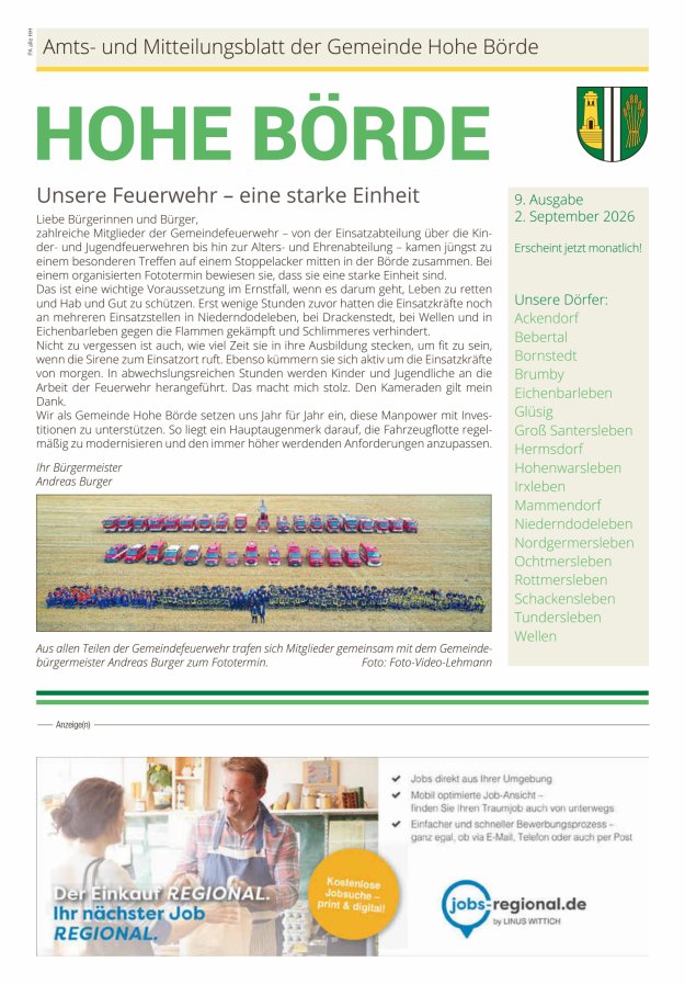 Amts- und Mitteilungsblatt der Gemeinde Hohe Börde Titelblatt 09/2026