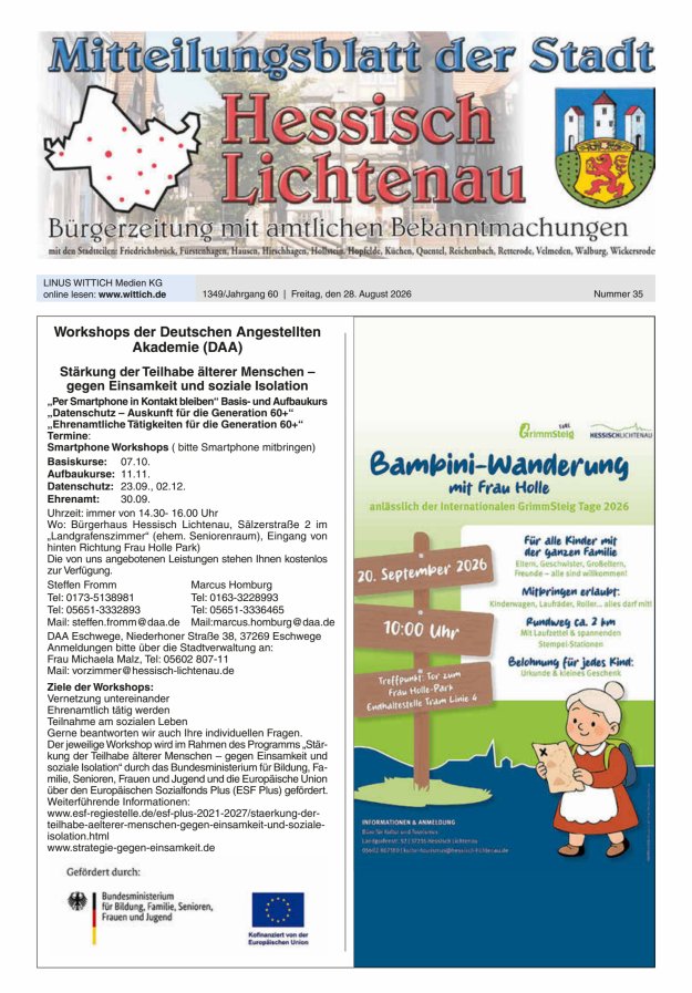 Mitteilungsblatt der Stadt Hess Lichtenau Titelblatt 35/2026