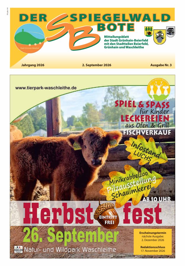 Der Spiegelwaldbote - Amts- und Mitteilungsblatt der Gemeinde Grünhain-Beierfeld  Titelblatt 03/2026