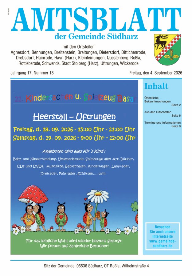 Amtsblatt der Gemeinde Südharz Titelblatt 18/2026
