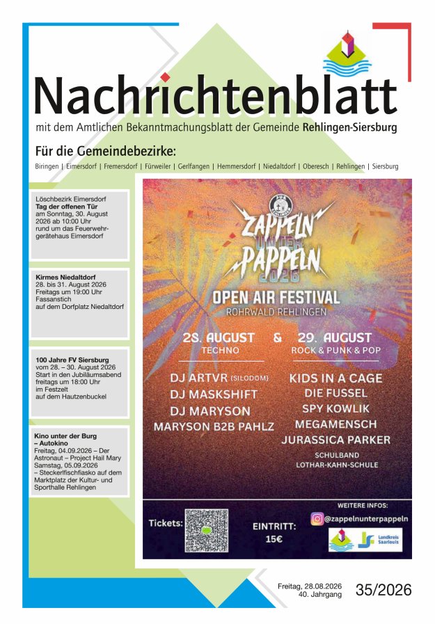 Nachrichtenblatt Rehlingen-Siersburg Titelblatt 35/2026