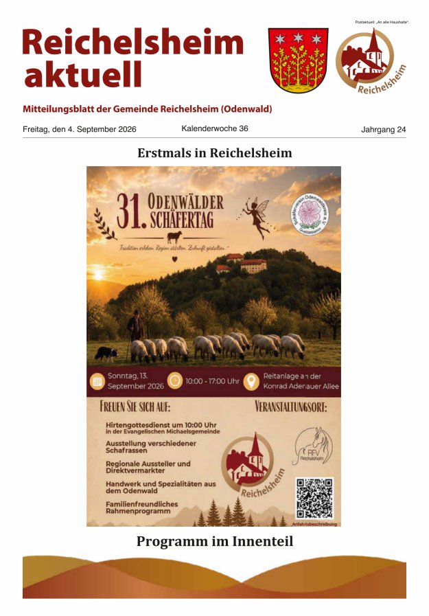 Reichelsheim aktuell - Amtsblatt der Gemeinde Reichelsheim(Odenwald) Titelblatt 36/2026