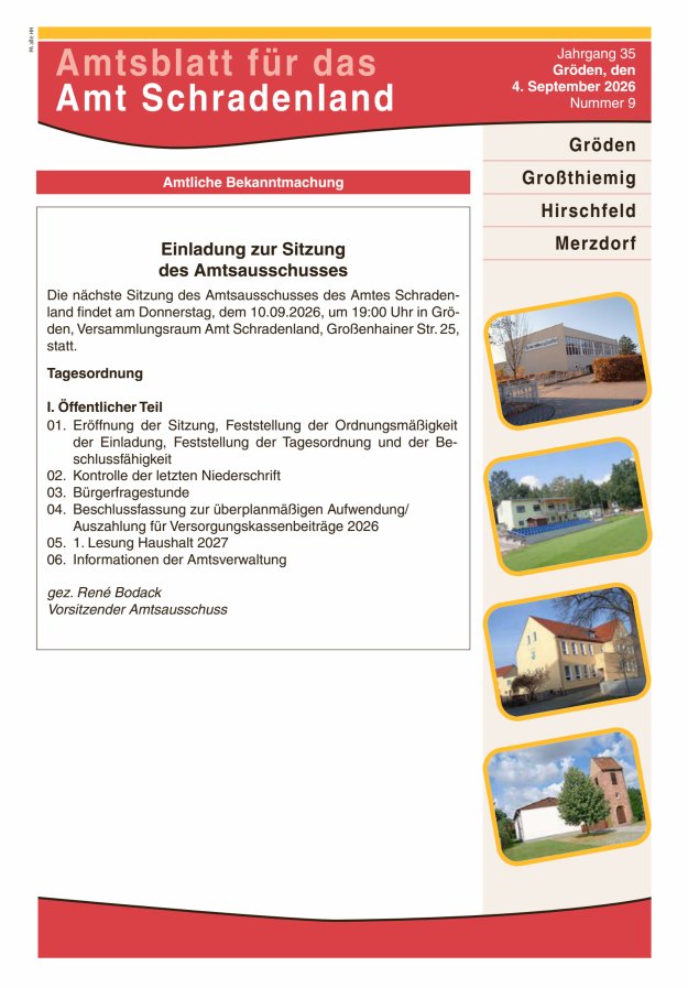 Amtsblatt für das Amt Schradenland Titelblatt 09/2026