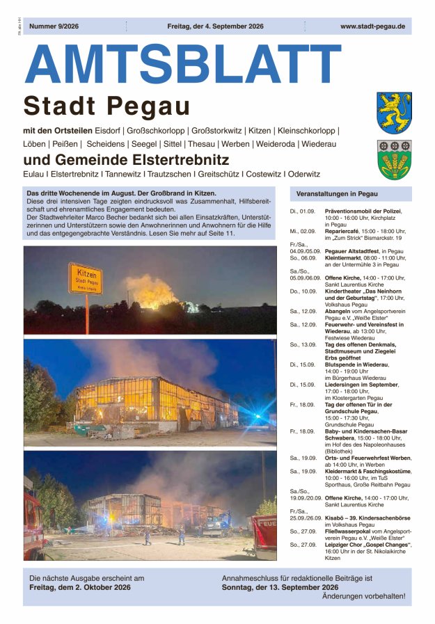 Amtsblatt Stadt Pegau und Gemeinde Elstertrebnitz  Titelblatt 09/2026