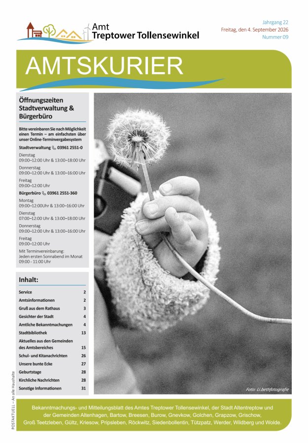 Amtskurier des Amtes Treptower Tollensewinkel Titelblatt 09/2026