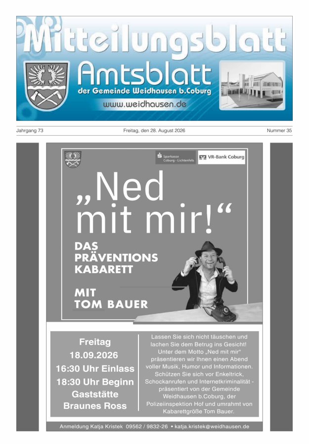 Mitteilungsblatt - Amtsblatt der Gemeinde Weidhausen b Coburg Titelblatt 35/2026