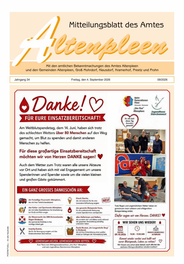 Mitteilungsblatt des Amtes Altenpleen Titelblatt 09/2026