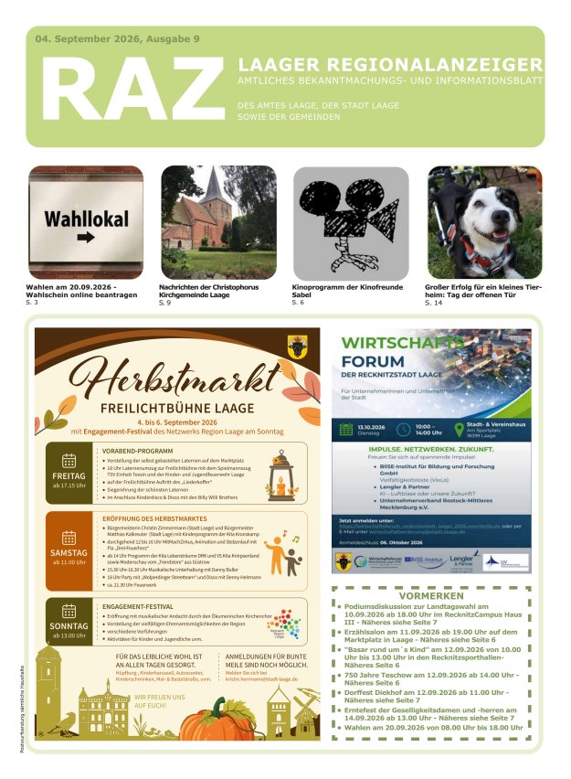 Laager Regionalanzeiger Titelblatt 09/2026