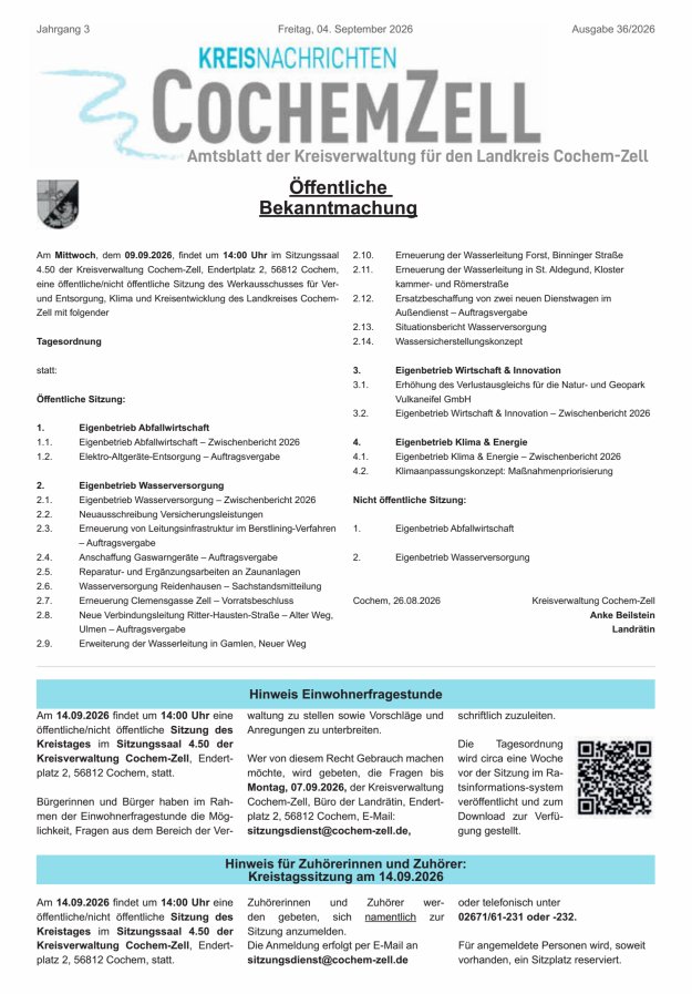 Kreisnachrichten Cochem-Zell Titelblatt 36/2026