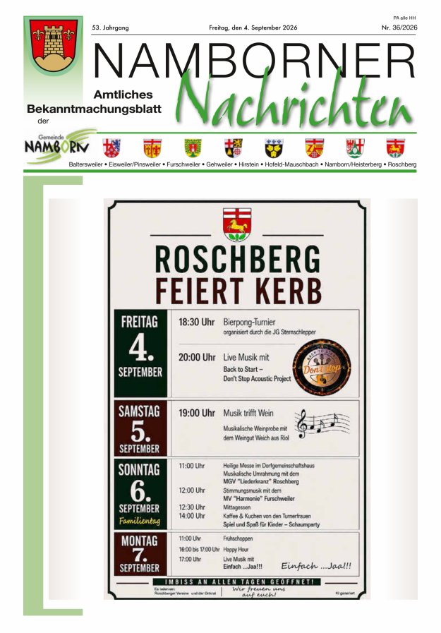 Namborner Nachrichten Titelblatt 36/2026