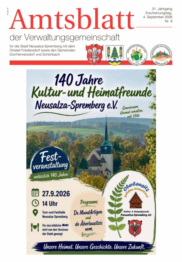 Amtsblatt der Verwaltungsgemeinschaft für die Stadt Neusalza-Spremberg Titelblatt 09/2026