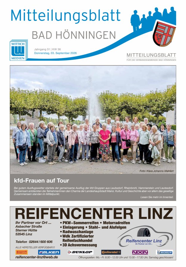 Mitteilungsblatt für den Bereich der Verbandsgemeinde Bad Hönningen Titelblatt 36/2026