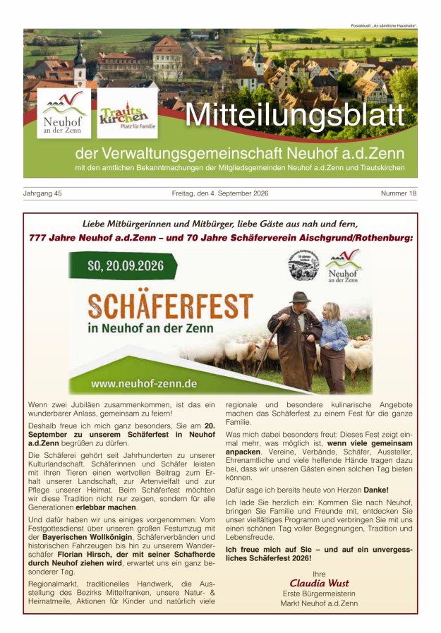 Mitteilungsblatt der Verwaltungsgemeinschaft Neuhof an der Zenn mit den amtlichen Bekanntmachungen der Mitgliedsgemeinden Neuhof an der Zenn und Trautskirchen Titelblatt 18/2026