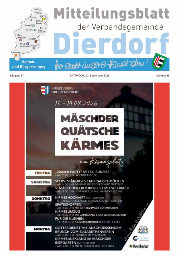 Mitteilungsblatt der Verbandsgemeinde Dierdorf Titelblatt 36/2026