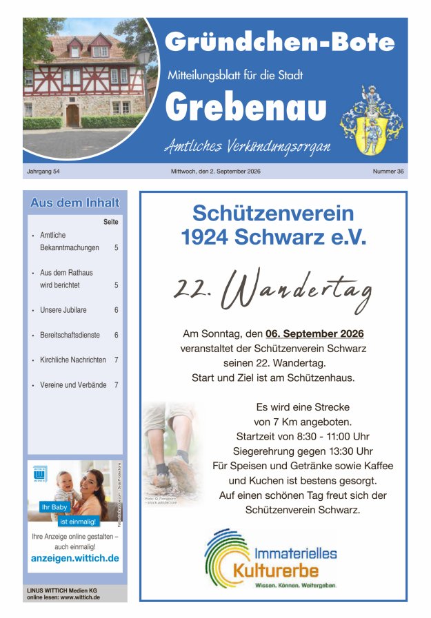 Grebenau - Gründchen Bote - Mitteilungsblatt für die Stadt Grebenau Titelblatt 36/2026
