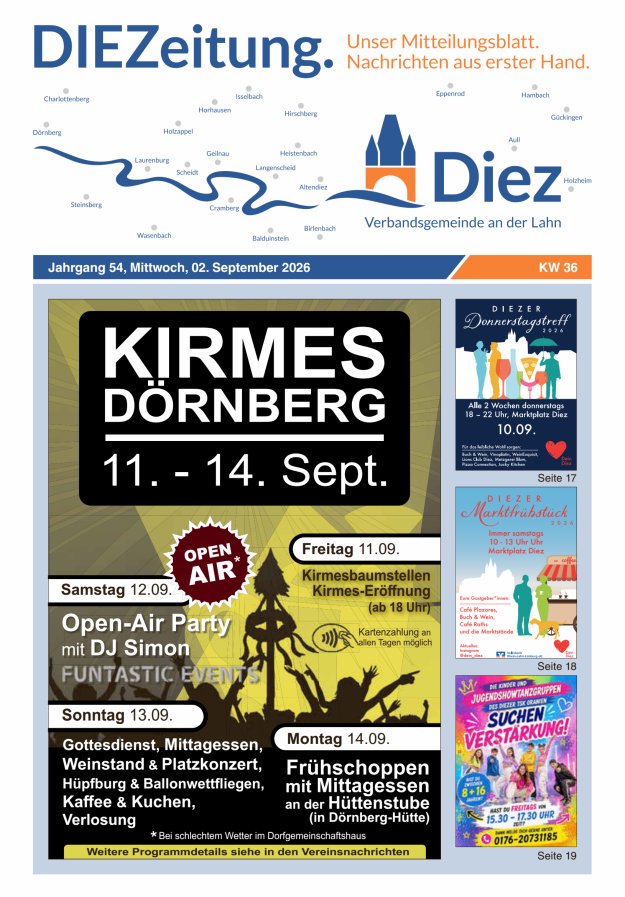 DIEZeitung - Mitteilungsblatt der Verbandsgemeinde Diez  Titelblatt 36/2026