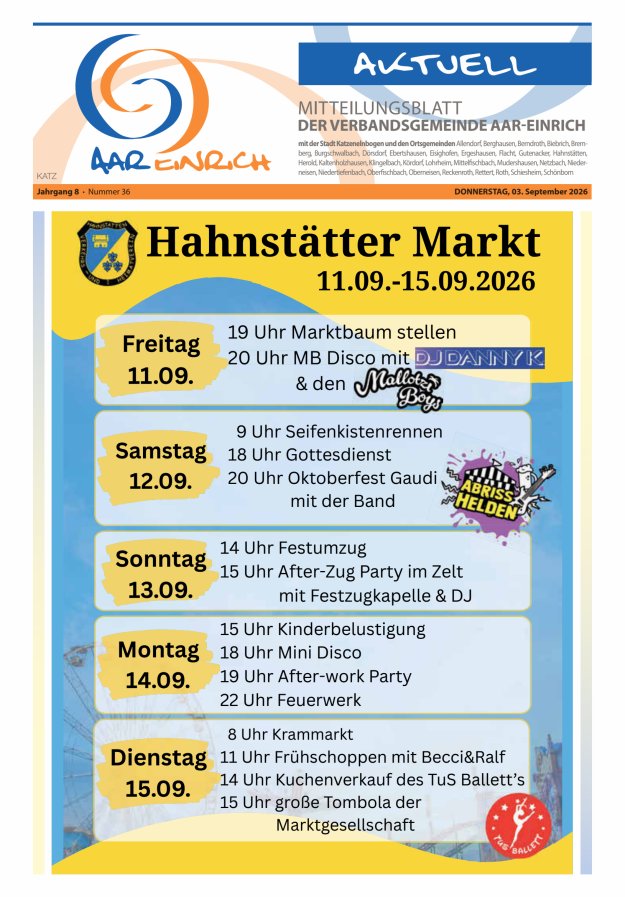 Mitteilungsblatt der Verbandsgemeinde Aar-Einrich Ausgabe Katzenelnbogen Titelblatt 35/2026