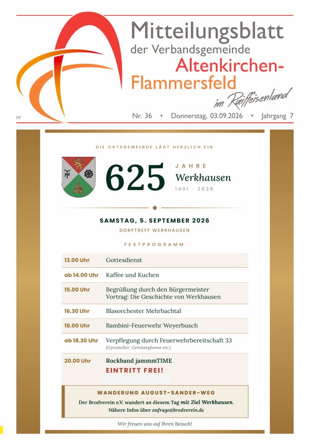 Mitteilungsblatt Verbandsgemeinde Altenkirchen-Flammersfeld Ausg Flammersfeld Titelblatt 36/2026