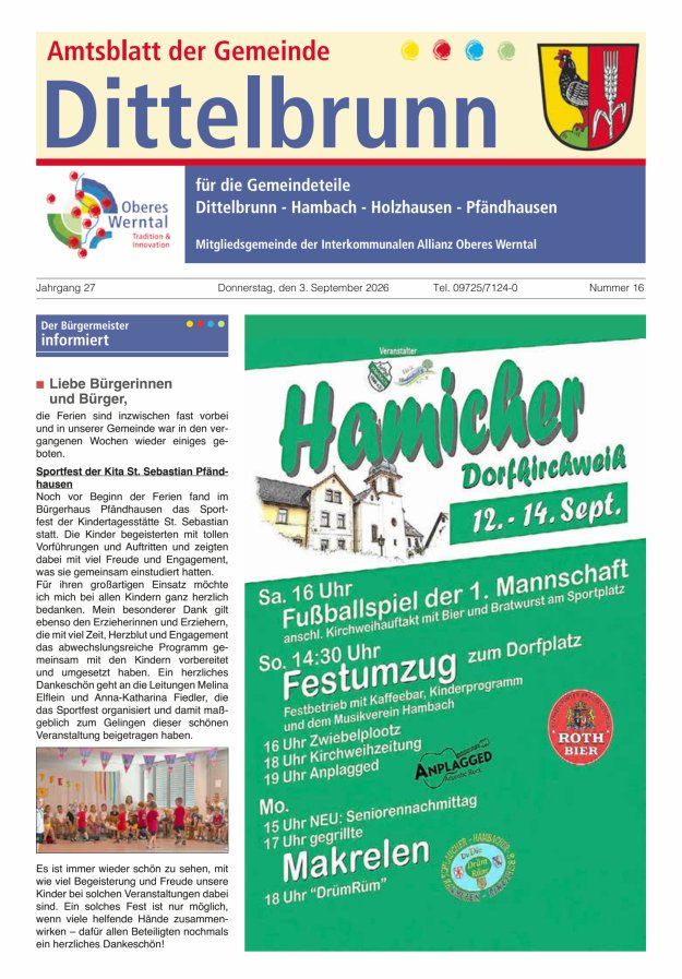 Amtsblatt der Gemeinde Dittelbrunn Titelblatt 16/2026
