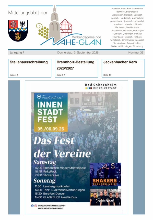 Mitteilungsblatt für die Verbandsgemeinde Nahe-Glan Titelblatt 36/2026