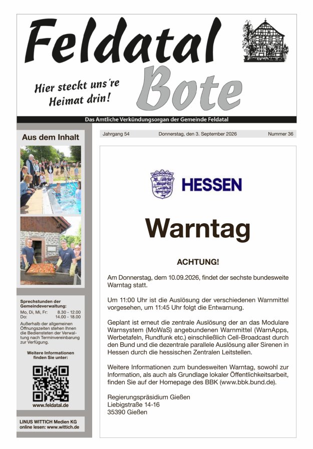 Das Amtliche Verkündungsorgan der Gemeinde Feldatal Titelblatt 36/2026