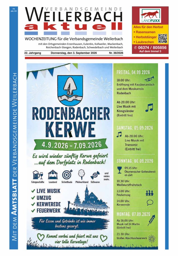 Verbandsgemeinde Weilerbach aktuell Titelblatt 36/2026