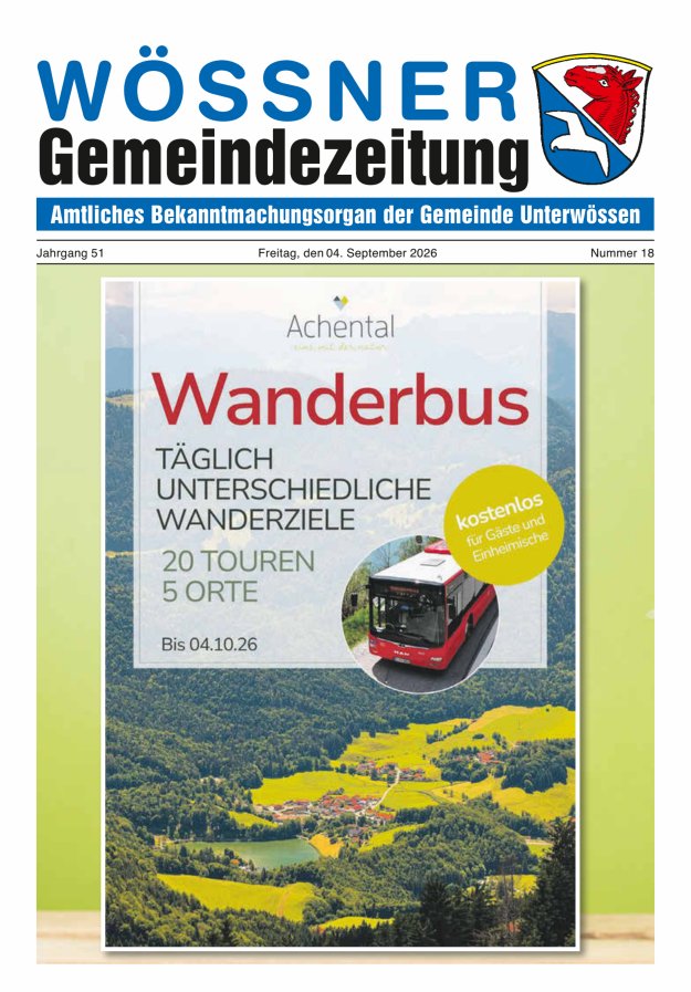 Wössner Gemeindezeitung Amtliches Bekanntmachungsorgan der Gemeinde Unterwössen Titelblatt 18/2026
