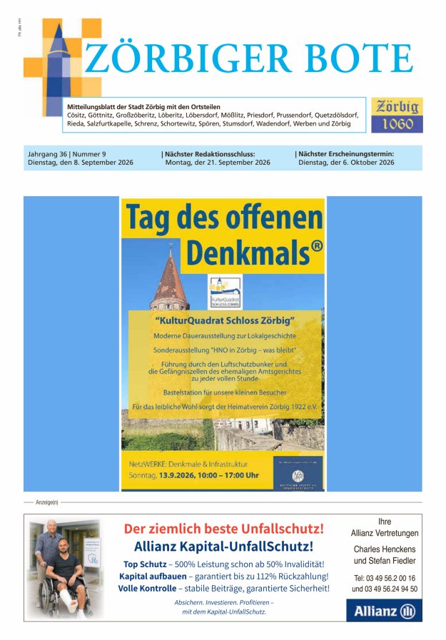 Zörbiger Bote – Mitteilungsblatt der Stadt Zörbig mit den Ortsteilen Titelblatt 09/2026