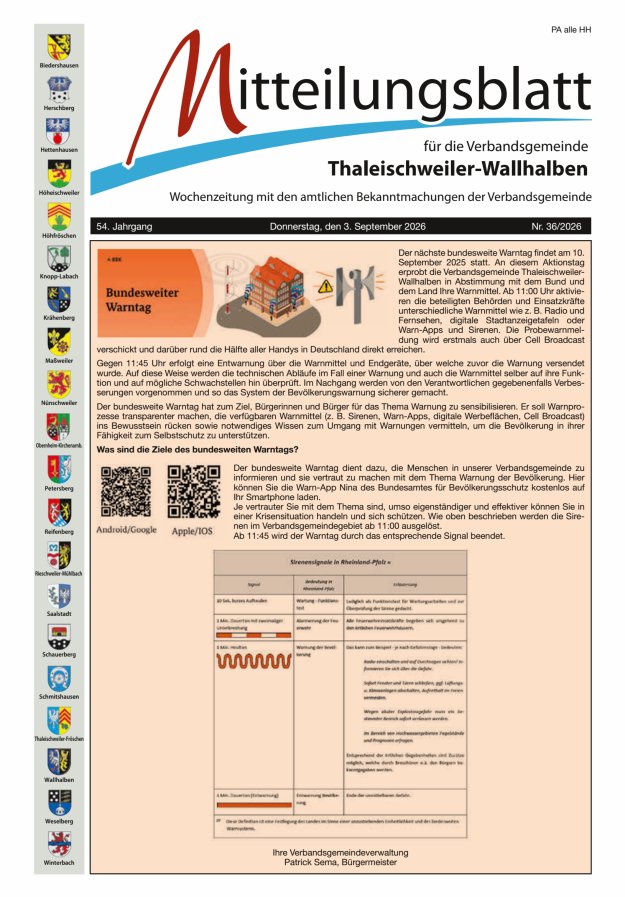 Mitteilungsblatt VG Thaleischweiler-Wallhalben Titelblatt 36/2026