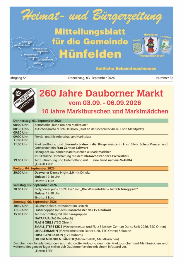 Mitteilungsblatt für die Gemeinde Hünfelden Titelblatt 36/2026