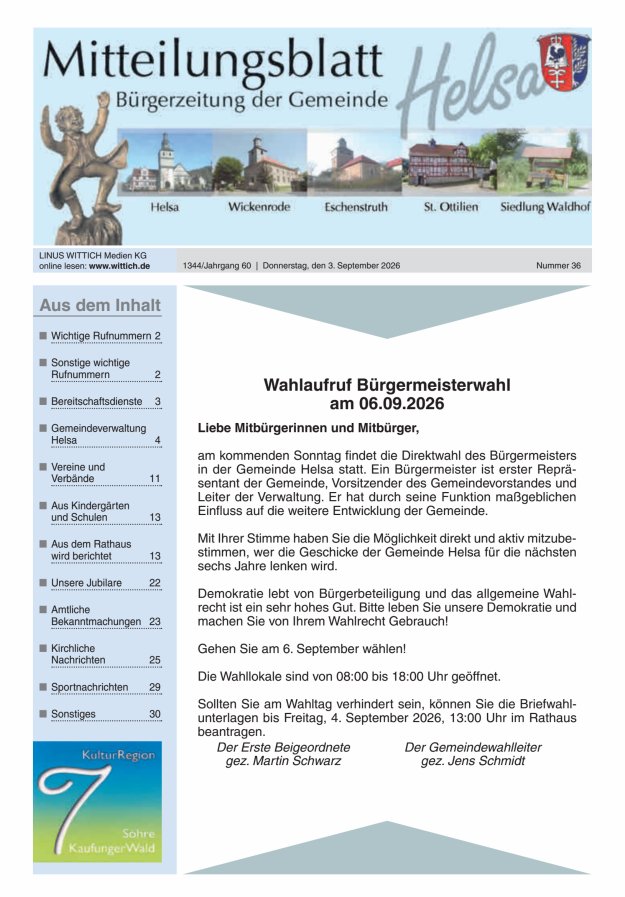 Mitteilungsblatt Helsa Titelblatt 36/2026