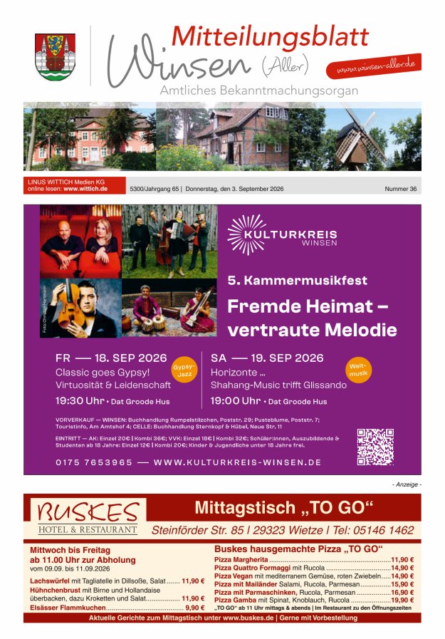 Mitteilungsblatt der Gemeinde Winsen Titelblatt 36/2026
