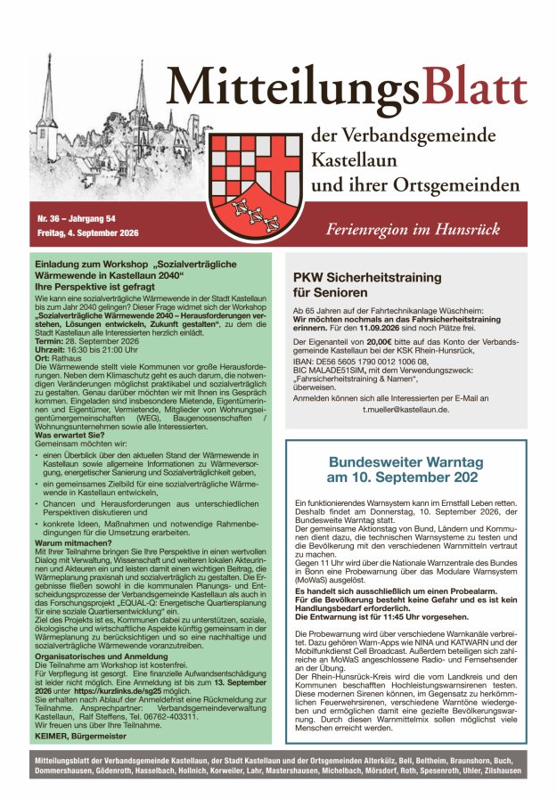 Mitteilungsblatt Kastellaun Titelblatt 36/2026