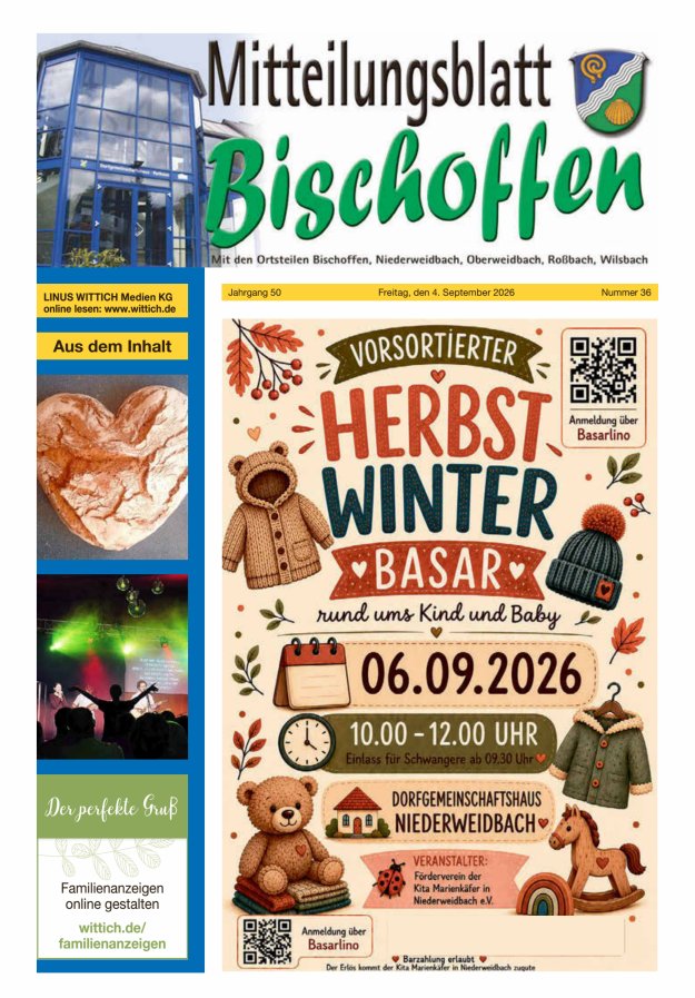 Mitteilungsblatt für die Gemeinde Bischoffen Titelblatt 36/2026