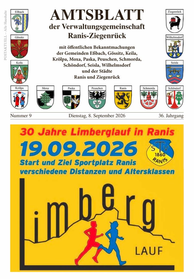 Amtsblatt der Verwaltungsgemeinschaft Ranis-Ziegenrück Titelblatt 09/2026