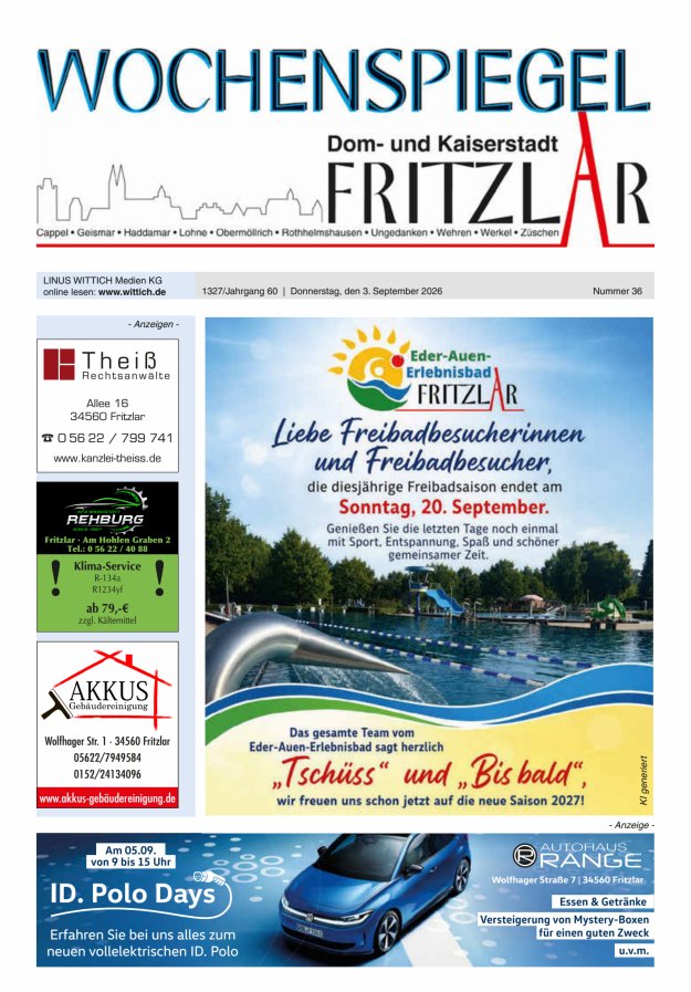 Wochenspiegel Dom- und Kaiserstadt Fritzlar Titelblatt 36/2026