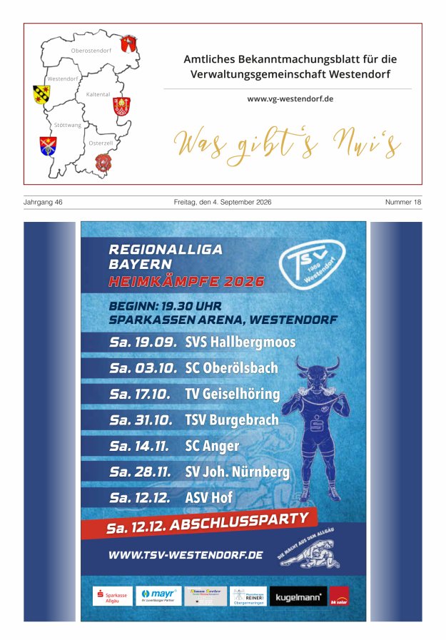Was gibt's Nui's Amtliches Bekanntmachungsblatt für die VG Westendorf Titelblatt 18/2026