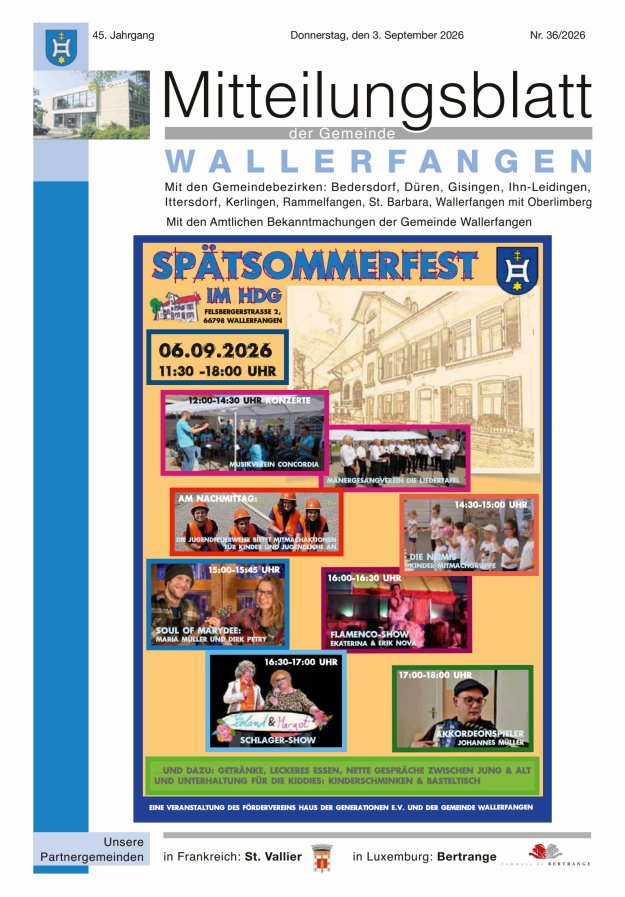 Mitteilungsblatt Gemeinde Wallerfangen Titelblatt 36/2026