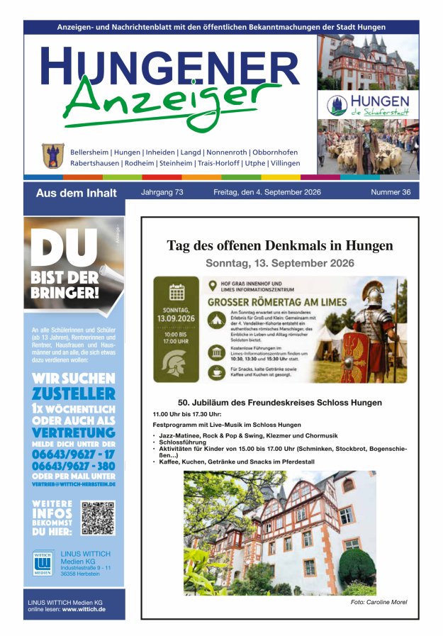 Anzeigen- und Nachrichtenblatt mit den öff  Bekanntmachungen der Stadt Hungen Titelblatt 36/2026