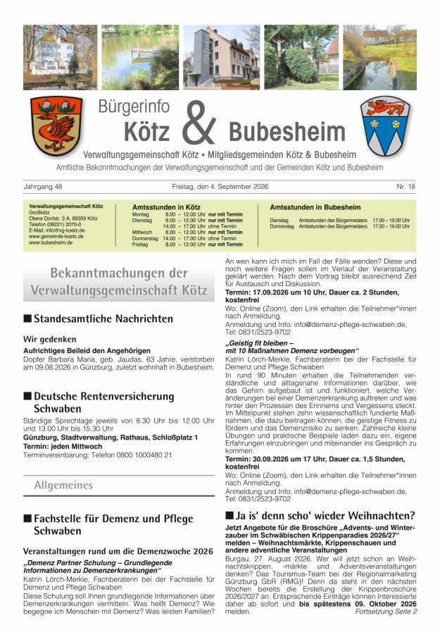 Amtsblatt der VG Kötz und der Mitgliedsgemeinden Titelblatt 18/2026