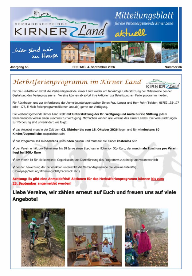 Mitteilungsblatt für den Bereich der Verbandsgemeinde Kirner Land Titelblatt 36/2026