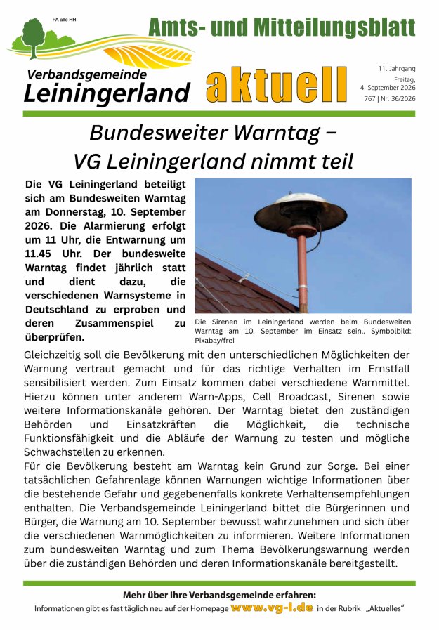 VG Leiningerland aktuell Titelblatt 36/2026