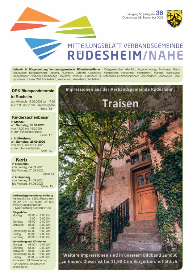 Mitteilungsblatt Verbandsgemeinde Rüdesheim und zugehörige Ortsgemeinden Titelblatt 36/2026