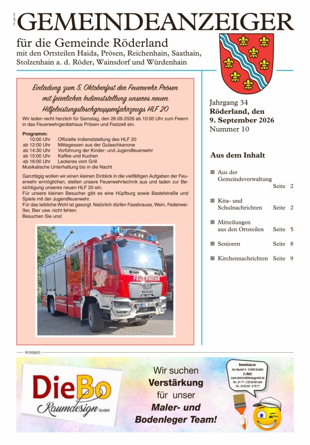 Gemeindeanzeiger - Amtsblatt für die Gemeinde Röderland Titelblatt 10/2026