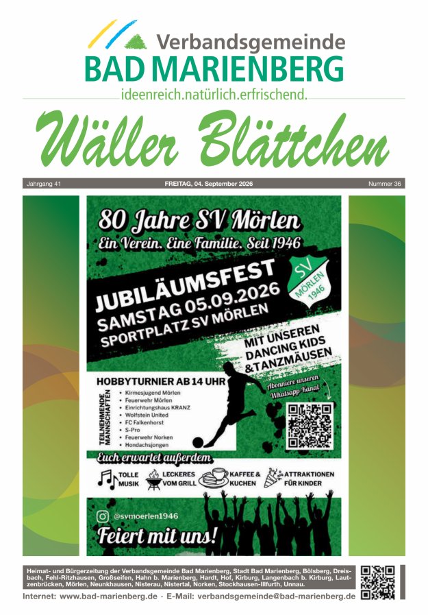 Wäller Blättchen - Verbandsgemeinde Bad Marienberg Titelblatt 36/2026