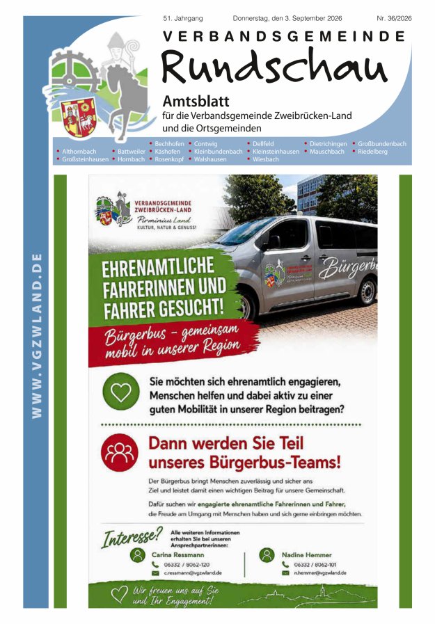 Verbandsgemeinde Rundschau Zweibrücken-Land Titelblatt 36/2026