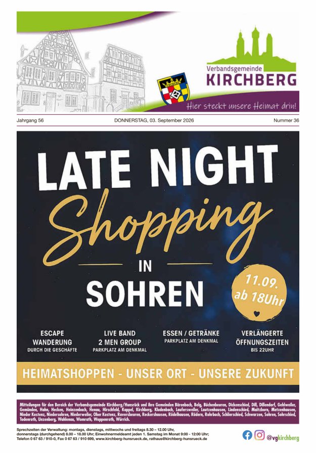 Mitteilungen der Verbandsgemeinde Kirchberg Hunsrück Titelblatt 36/2026
