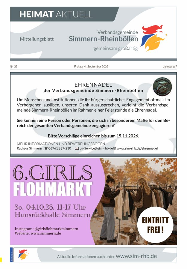 Heimat Aktuell - Mitteilungsbl der VG Simmern-Rheinböllen Ausg Simmern Titelblatt 36/2026