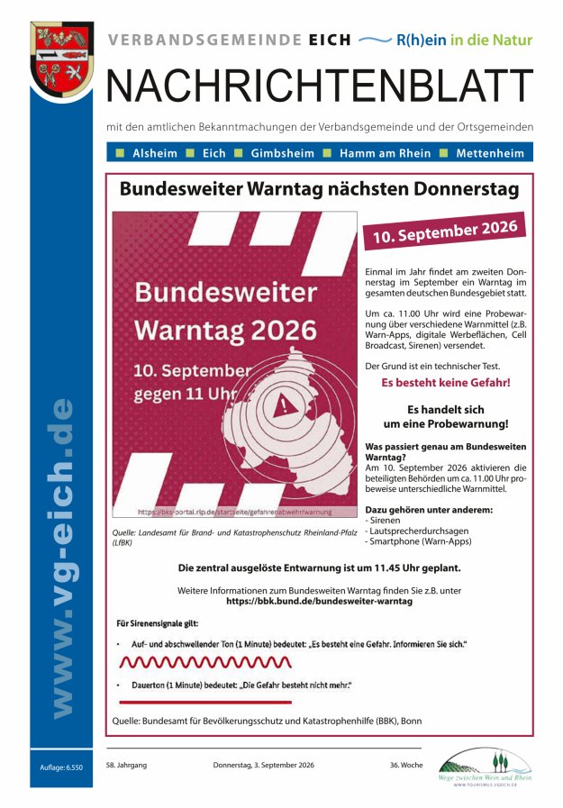 Nachrichtenblatt der VG Eich Titelblatt 36/2026