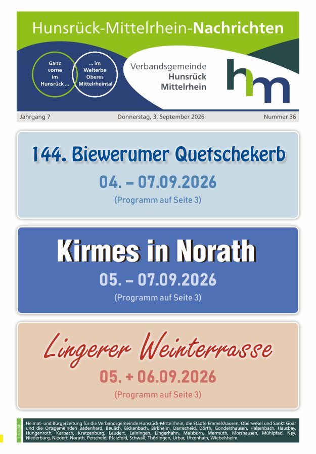 Hunsrück-Mittelrhein Nachrichten Ausgabe Emmelshausen Titelblatt 36/2026